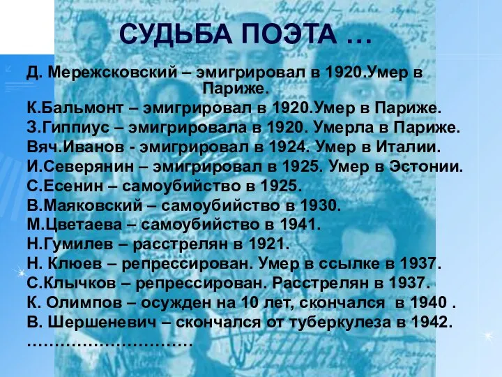 Д. Мережсковский – эмигрировал в 1920.Умер в Париже. К.Бальмонт – эмигрировал