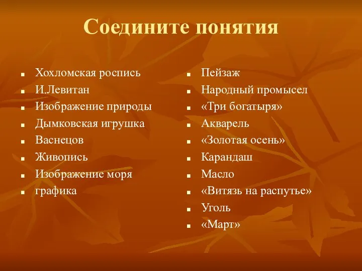 Соедините понятия Хохломская роспись И.Левитан Изображение природы Дымковская игрушка Васнецов Живопись