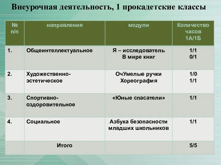 Внеурочная деятельность, 1 прокадетские классы