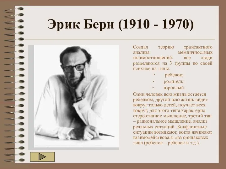 Эрик Берн (1910 - 1970) Создал теорию трансактного анализа межличностных взаимоотношений: