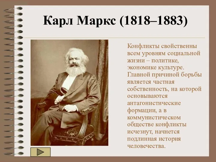 Карл Маркс (1818–1883) Конфликты свойственны всем уровням социальной жизни – политике,