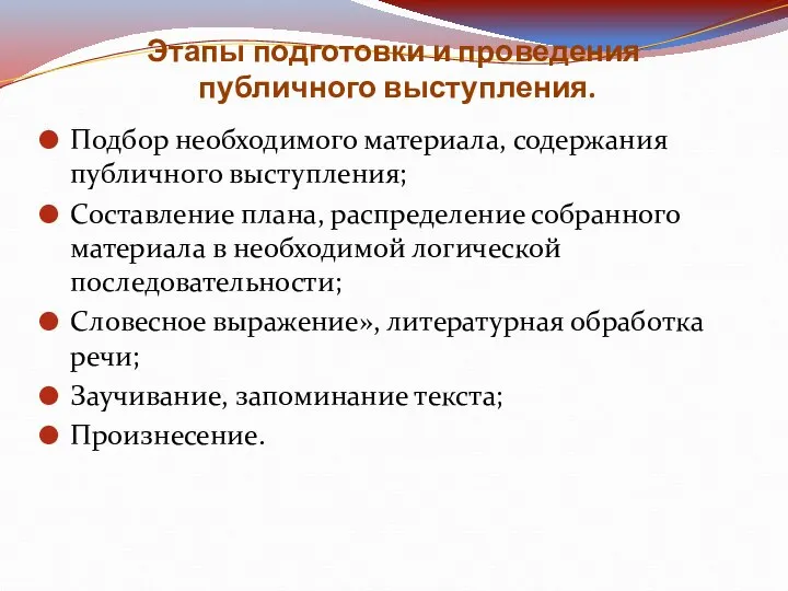 Этапы подготовки и проведения публичного выступления. Подбор необходимого материала, содержания публичного