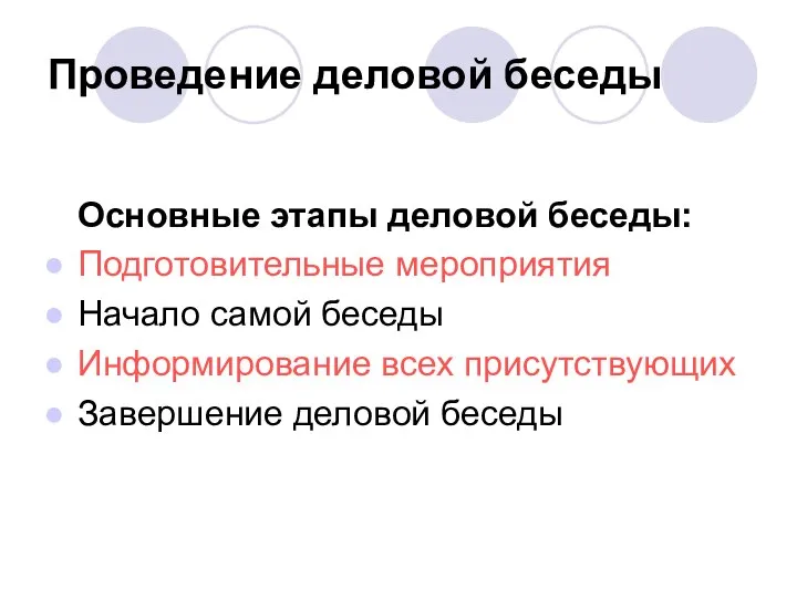 Проведение деловой беседы Основные этапы деловой беседы: Подготовительные мероприятия Начало самой