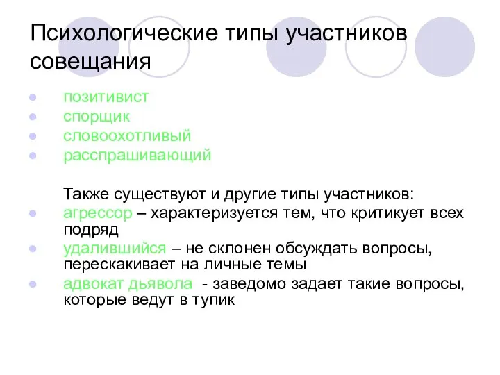 Психологические типы участников совещания позитивист спорщик словоохотливый расспрашивающий Также существуют и