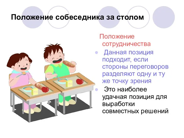 Положение собеседника за столом Положение сотрудничества Данная позиция подходит, если стороны