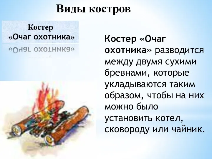 Виды костров Костер «Очаг охотника» разводится между двумя сухими бревнами, которые