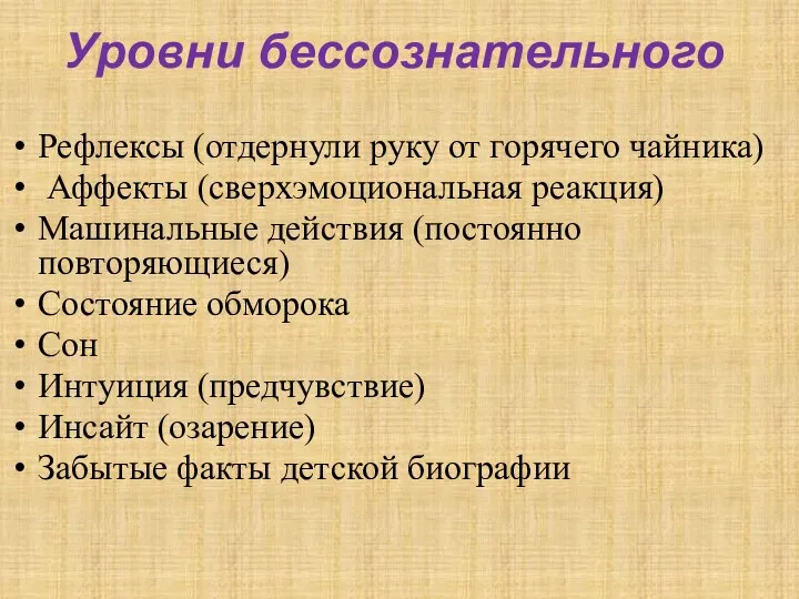 Уровни бессознательного Рефлексы (отдернули руку от горячего чайника) Аффекты (сверхэмоциональная реакция)