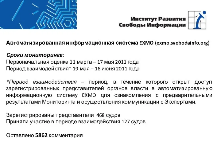 Автоматизированная информационная система EXMO (exmo.svobodainfo.org) Сроки мониторинга: Первоначальная оценка 11 марта