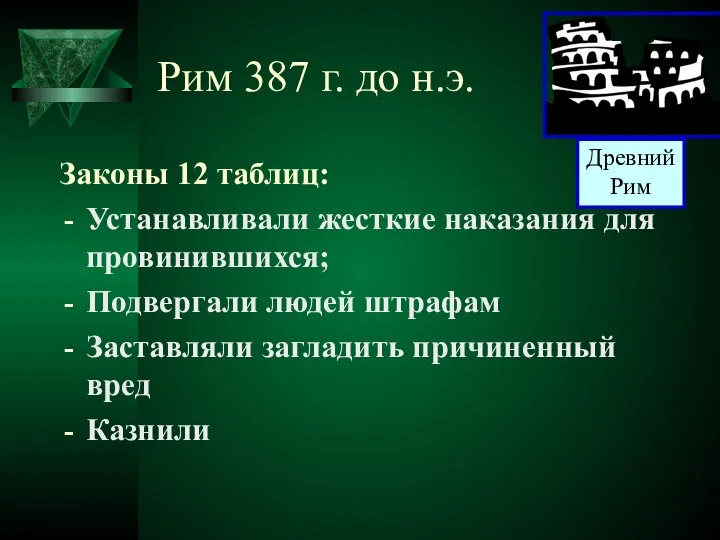 Рим 387 г. до н.э. Законы 12 таблиц: Устанавливали жесткие наказания