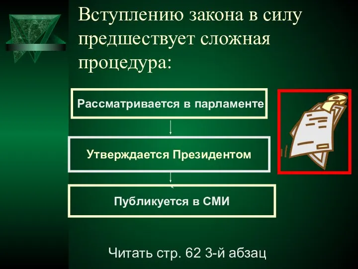 Вступлению закона в силу предшествует сложная процедура: Рассматривается в парламенте Утверждается