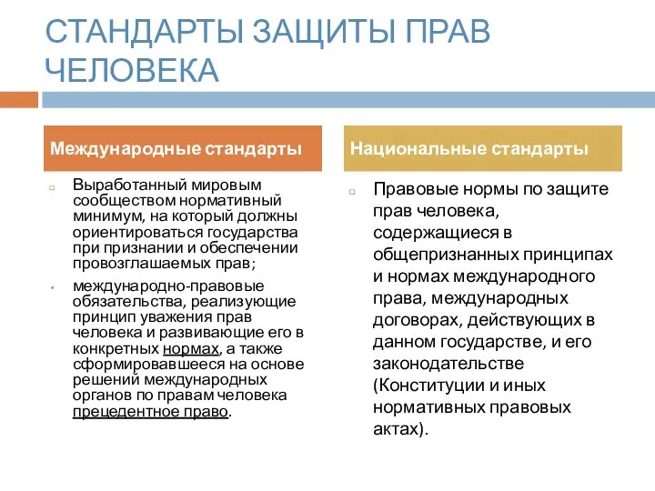 СТАНДАРТЫ ЗАЩИТЫ ПРАВ ЧЕЛОВЕКА Выработанный мировым сообществом нормативный минимум, на который