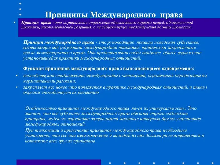 Принципы Международного права Принцип права - это нормативное отражение объективного порядка