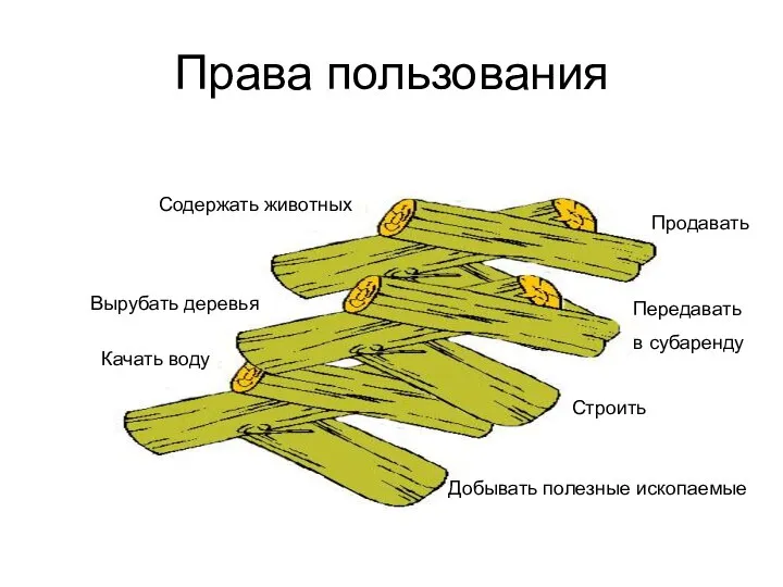 Права пользования Содержать животных Вырубать деревья Качать воду Добывать полезные ископаемые Строить Продавать Передавать в субаренду