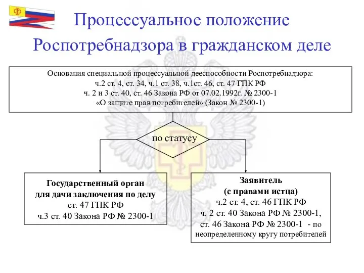 Процессуальное положение Роспотребнадзора в гражданском деле Основания специальной процессуальной дееспособности Роспотребнадзора: