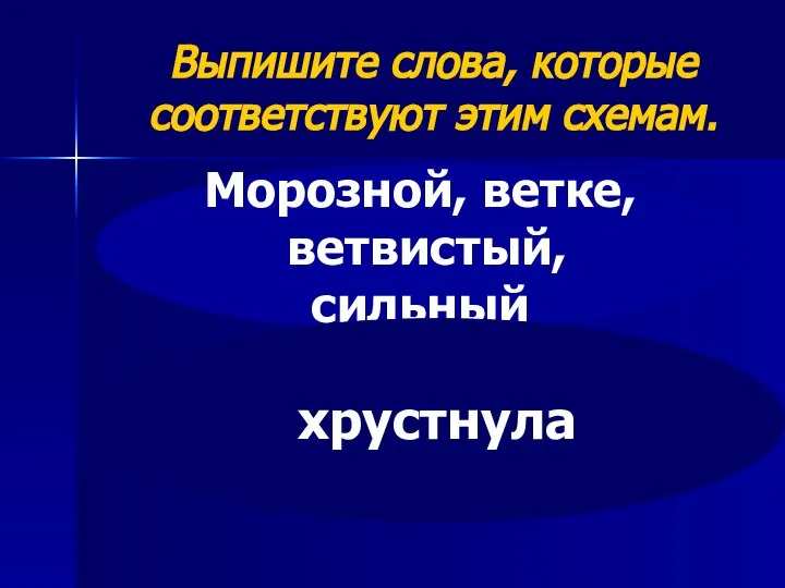 Выпишите слова, которые соответствуют этим схемам. Морозной, ветке, ветвистый, сильный хрустнула