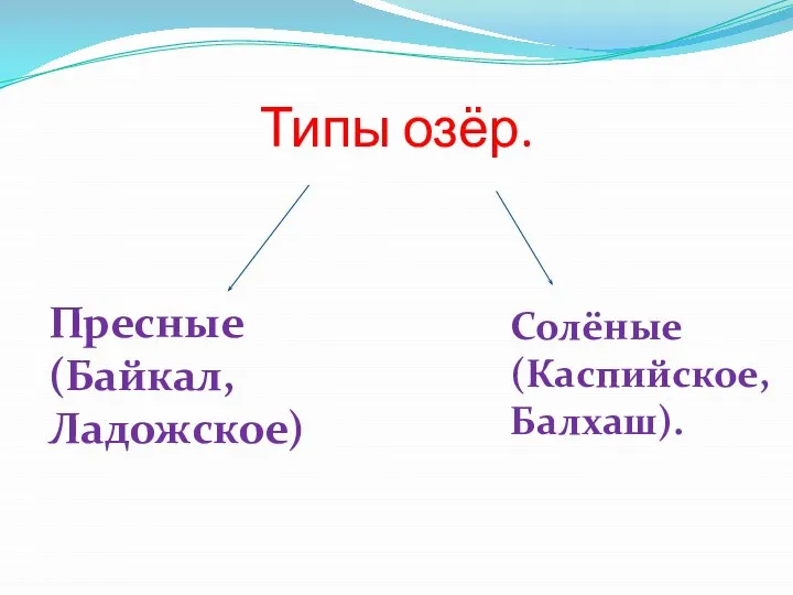 Типы озёр. Пресные (Байкал, Ладожское) Солёные (Каспийское, Балхаш).