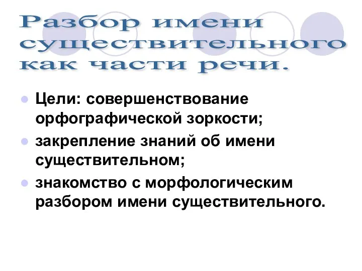 Цели: совершенствование орфографической зоркости; закрепление знаний об имени существительном; знакомство с