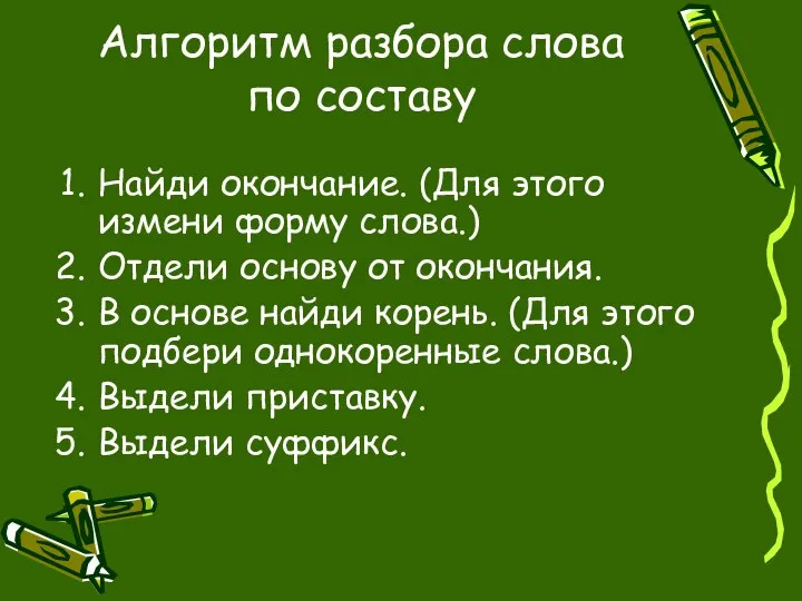 Алгоритм разбора слова по составу Найди окончание. (Для этого измени форму