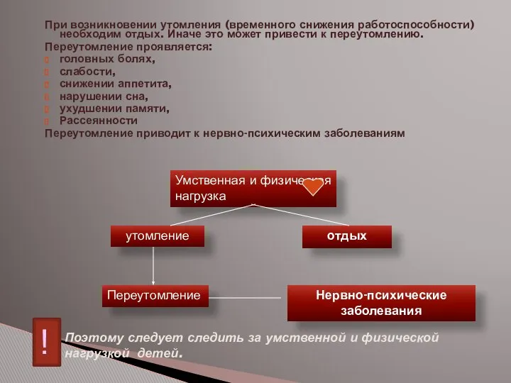 При возникновении утомления (временного снижения работоспособности) необходим отдых. Иначе это может