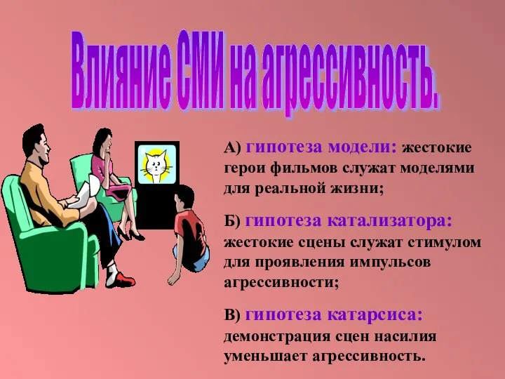 А) гипотеза модели: жестокие герои фильмов служат моделями для реальной жизни;