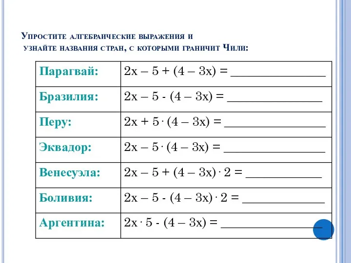 Упростите алгебраические выражения и узнайте названия стран, с которыми граничит Чили: