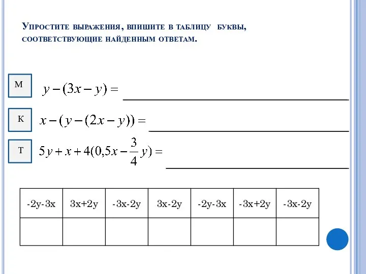 Упростите выражения, впишите в таблицу буквы, соответствующие найденным ответам.