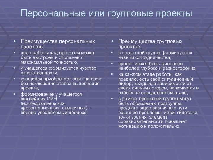 Персональные или групповые проекты Преимущества персональных проектов: план работы над проектом