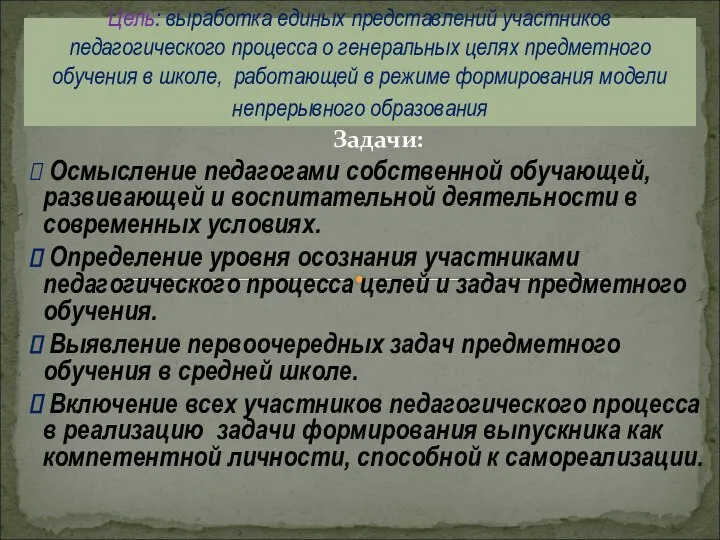 Задачи: Осмысление педагогами собственной обучающей, развивающей и воспитательной деятельности в современных