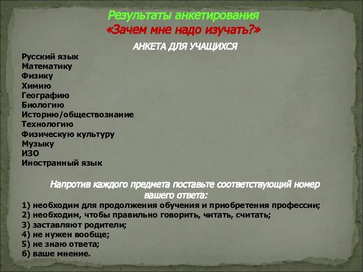 Результаты анкетирования «Зачем мне надо изучать?» АНКЕТА ДЛЯ УЧАЩИХСЯ Русский язык