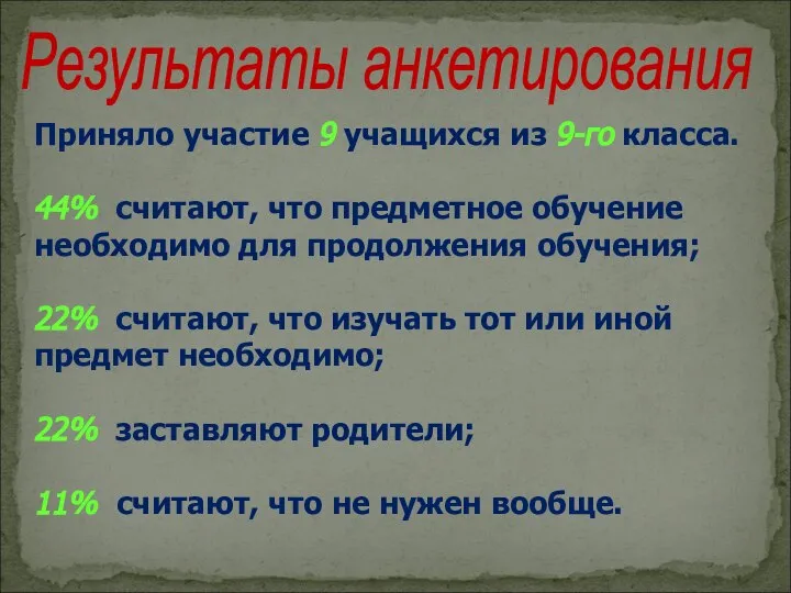 Результаты анкетирования Приняло участие 9 учащихся из 9-го класса. 44% считают,