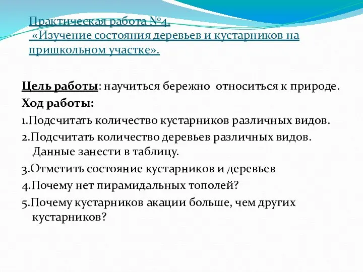 Цель работы: научиться бережно относиться к природе. Ход работы: 1.Подсчитать количество