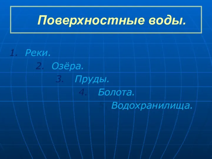 Поверхностные воды. 1. Реки. 2. Озёра. 3. Пруды. 4. Болота. 5. Водохранилища.