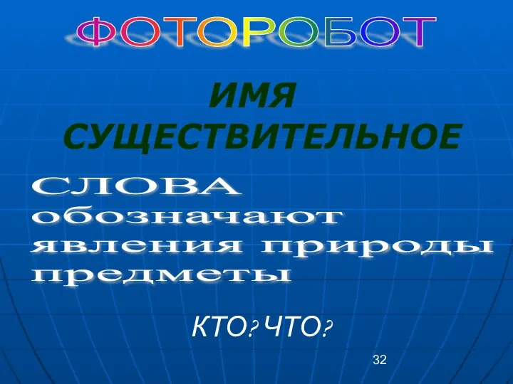 КТО? ЧТО? ИМЯ СУЩЕСТВИТЕЛЬНОЕ ФОТОРОБОТ СЛОВА обозначают явления природы предметы