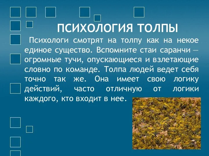 ПСИХОЛОГИЯ ТОЛПЫ Психологи смотрят на толпу как на некое единое существо.