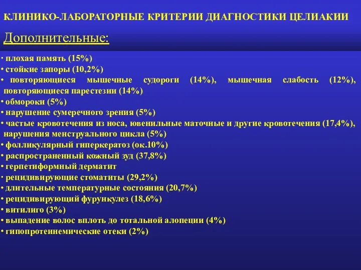 КЛИНИКО-ЛАБОРАТОРНЫЕ КРИТЕРИИ ДИАГНОСТИКИ ЦЕЛИАКИИ Дополнительные: плохая память (15%) стойкие запоры (10,2%)