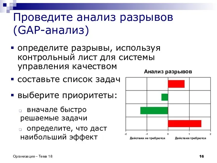 Проведите анализ разрывов (GAP-анализ) Организация – Тема 18 Анализ разрывов определите