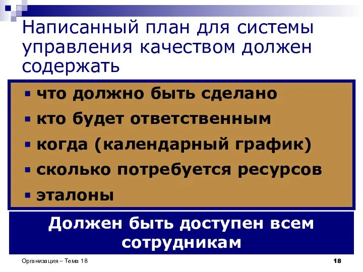 Организация – Тема 18 Написанный план для системы управления качеством должен