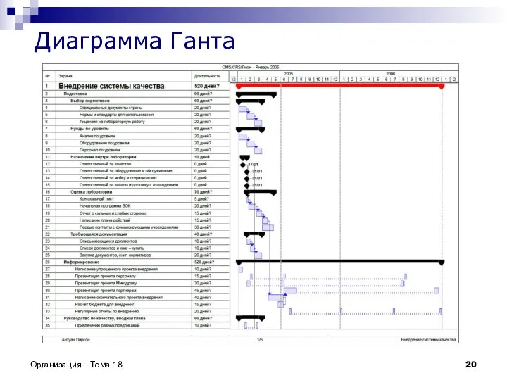 Диаграмма Ганта Организация – Тема 18