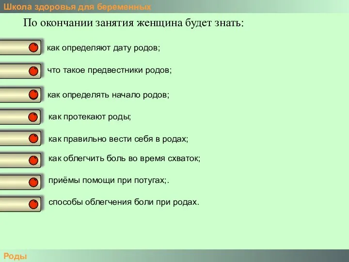 Школа здоровья для беременных Роды По окончании занятия женщина будет знать: