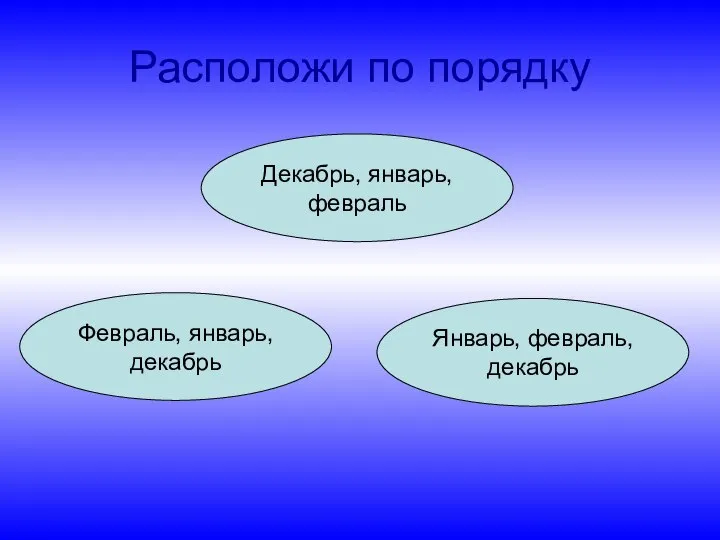 Расположи по порядку Декабрь, январь, февраль Февраль, январь, декабрь Январь, февраль, декабрь