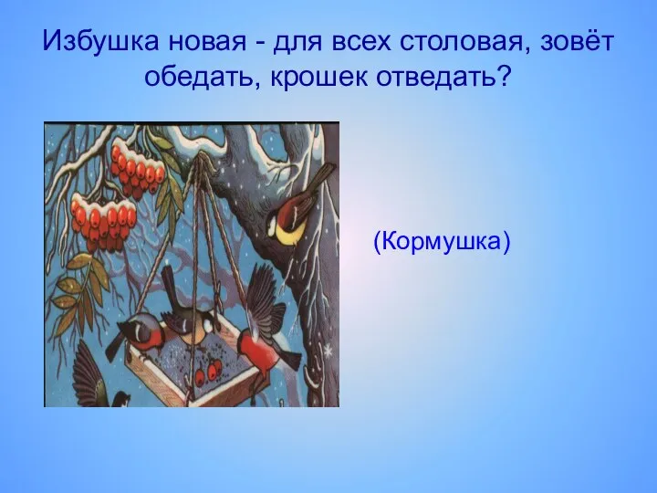 Избушка новая - для всех столовая, зовёт обедать, крошек отведать? (Кормушка)