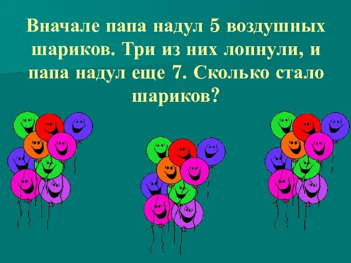 Вначале папа надул 5 воздушных шариков. Три из них лопнули, и