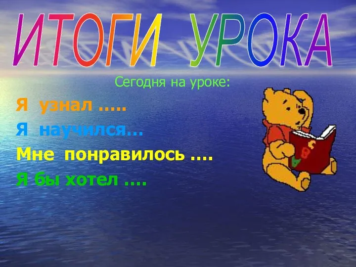 Сегодня на уроке: Я узнал ….. Я научился… Мне понравилось ….