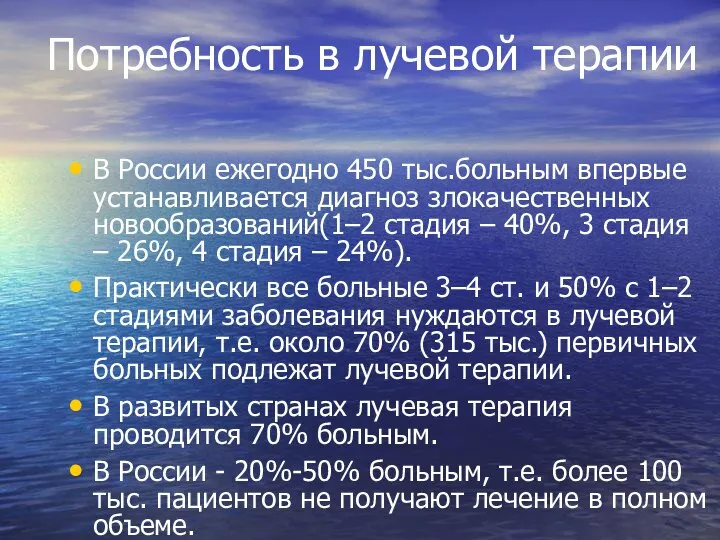 Потребность в лучевой терапии В России ежегодно 450 тыс.больным впервые устанавливается