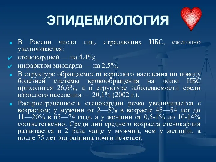 ЭПИДЕМИОЛОГИЯ В России число лиц, страдающих ИБС, ежегодно увеличивается: стенокардией —