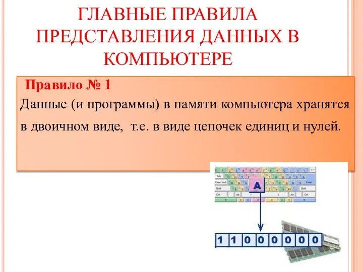 ГЛАВНЫЕ ПРАВИЛА ПРЕДСТАВЛЕНИЯ ДАННЫХ В КОМПЬЮТЕРЕ Правило № 1 Данные (и