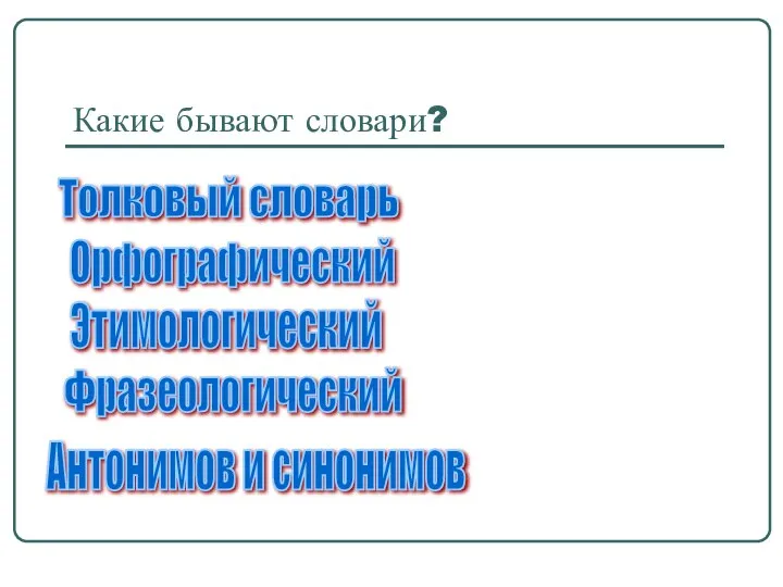 Какие бывают словари? Толковый словарь Орфографический Этимологический Фразеологический Антонимов и синонимов