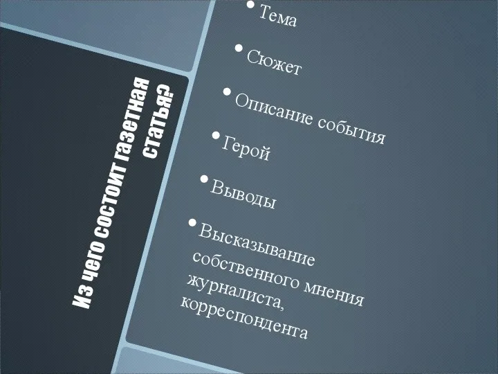 Из чего состоит газетная статья? Тема Сюжет Описание события Герой Выводы Высказывание собственного мнения журналиста, корреспондента