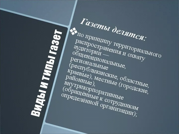 Виды и типы газет Газеты делятся: по принципу территориального распространения и