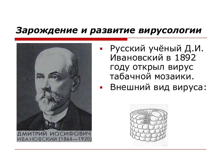Зарождение и развитие вирусологии Русский учёный Д.И. Ивановский в 1892 году